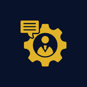 Gold icon of a person inside a gear with a speech bubble on dark background.