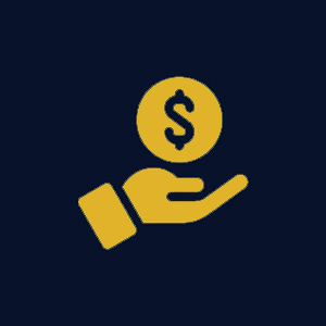 Yellow hand holding a coin with a dollar sign on a dark background.
