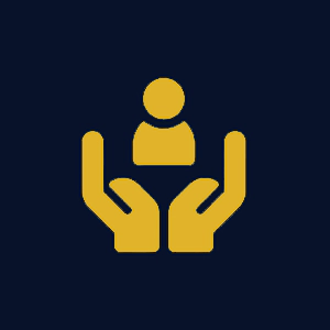 Golden hands cradling a person icon on dark background.